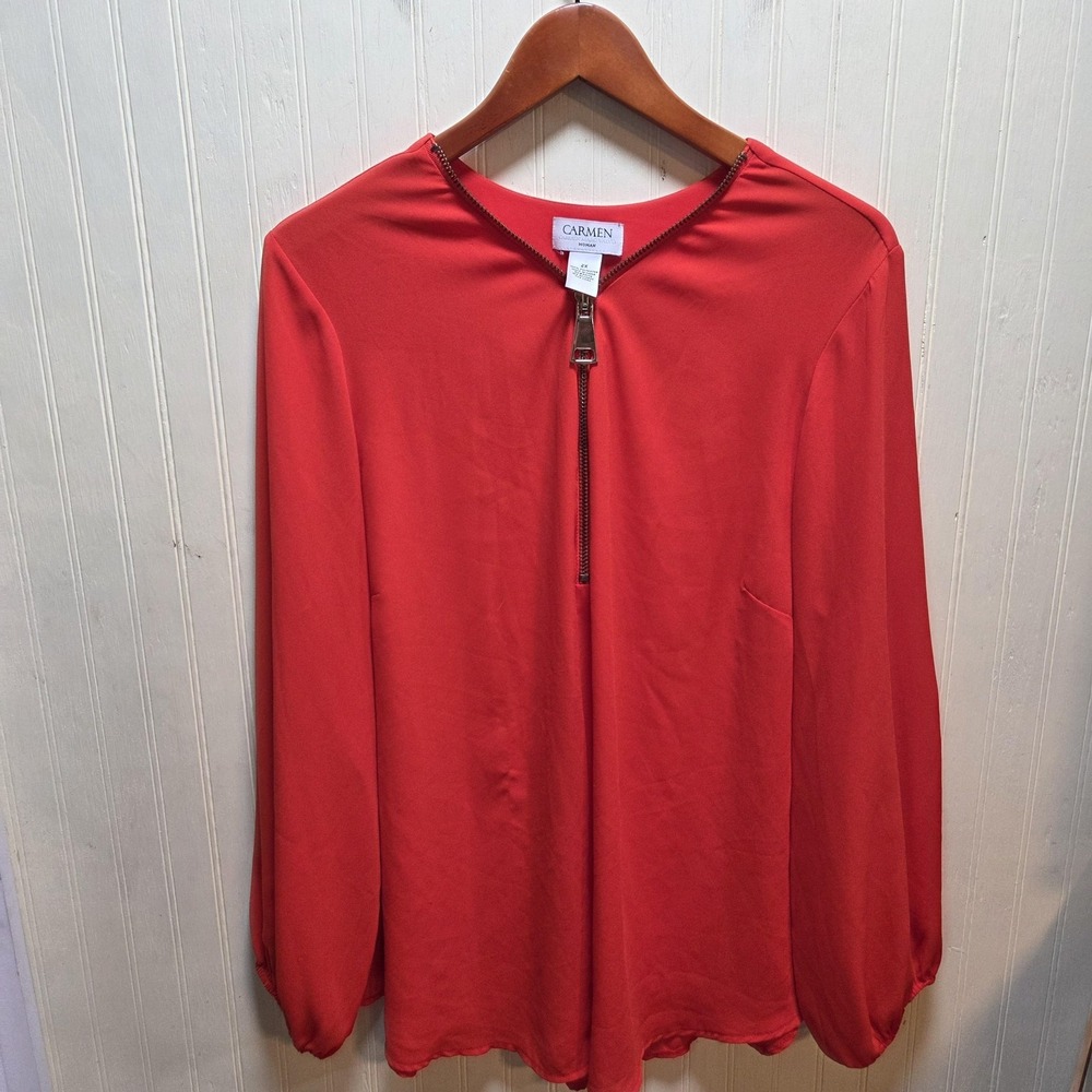 Carmen Marc Valvo Blouse Womens 2X Red Round‎ Neck Long Sleeve Zip Top Woven